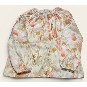 Elie by Tahari Women's Blouse Size M Boho Floral Orange Beige Long Sleeve Top